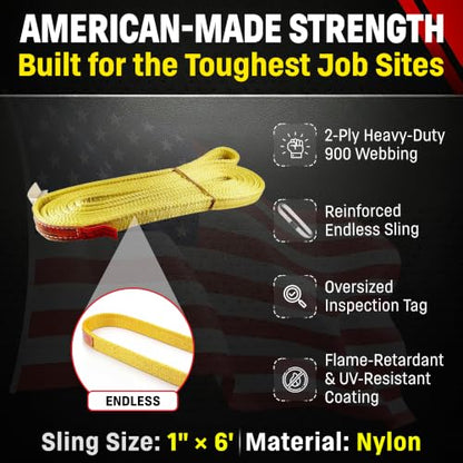 DD Sling (USA Made) 1" & 2" Widths by 4' to 12' Lengths In Listing, 2 Ply, Endless Nylon Lifting Slings, 900 webbing,, 6,400 lbs Vertical, 5,100 lbs Choker, 12,800 lbs Basket (USA Made Nylon) (1"x6') - size: 1"x6'