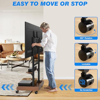 Rfiver Heavy Duty Rolling TV Stand with Wheels for Most 40-86 Inch TVs up to 150lbs, Height Adjustable Mobile TV Stand with Shelf, Floor TV Stand for Living Room, TV Cart Max VESA 600x400mm (Brown) - color: Brown