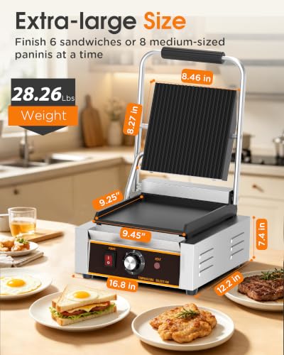 Commercial Panini Press - 1800W Electric Panini Sandwich Grill w/Nonstick Coating & Adjustable Temp, Panini Grill Press w/ 9"x9" Cooking Pan (Grooved Top & Flat Bottom), Double-sided Heating - style: 9"x9" Grooved top, flat bottom