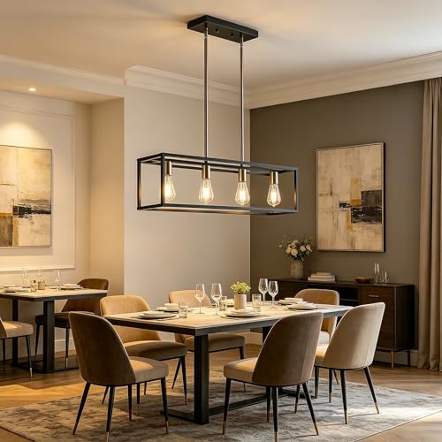 Black&Brushed Nickel Kitchen Light Fixtures Farmhouse Rectangle Chandeliers Dining Room Light for Dining Rooms, Light Fixture Matte 4-Light Industrial Pendant Lighting - color: Black & Brushed Nickel, size: 4 Lights
