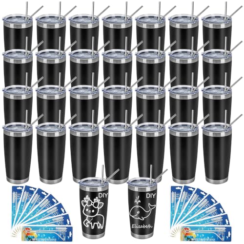 20oz Tumbler Bulk,30 Pack Double Wall Stainless Steel Vacuum Insulated Tumbler with Lid and Straw,Travel Coffee Mug,Leak Proof Powder Coated Tumbler for Cold&Hot Drinks,Black