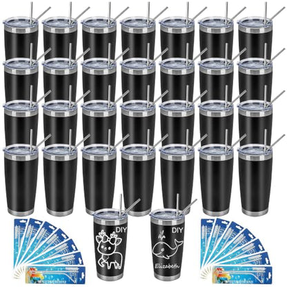 20oz Tumbler Bulk,30 Pack Double Wall Stainless Steel Vacuum Insulated Tumbler with Lid and Straw,Travel Coffee Mug,Leak Proof Powder Coated Tumbler for Cold&Hot Drinks,Black