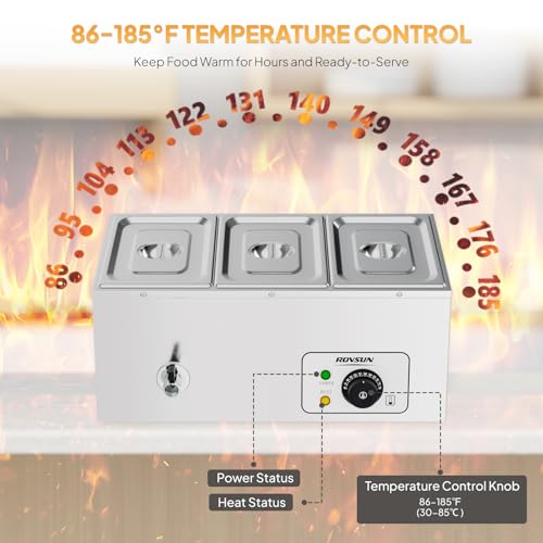 Bonnlo 21 QT 3 Pan Commercial Electric Food Warmer, Counter Top Electric Bain-Marie with Warming Plate, Steam Table Food Warmer for Catering, Parties Buffet and Restaurant, Stainless Steel, 1200W - size: 21 QT-3 pan
