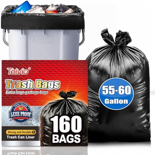 Teivio Large Black Trash Bags 55-60 Gallon 160 Count 50+ Gal Garbage Bags