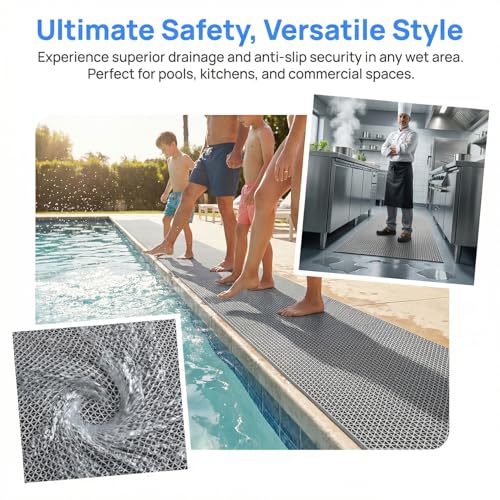 Drainage Non Slip Flooring Mats Swimming Pool Bathroom Anti-Fatigue Rubber Matting 3x10 Ft Heavy Duty Commercial Anti Slip Floor Mats for Garage Restaurant Sauna SPA,Gray/Grey,0.9×3M - color: Gray/Grey