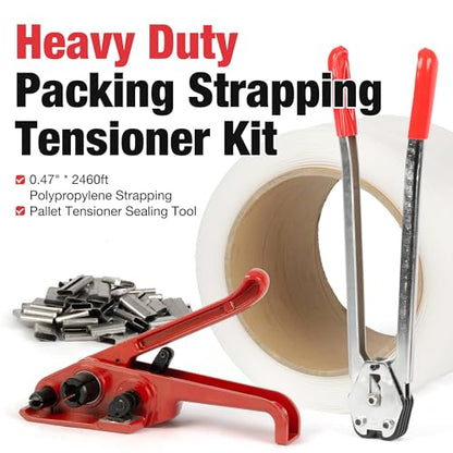U.S. Solid Heavy Duty Packing Strapping Tensioner Kit 150 Metal Seals, 0.47" x 0.03" x 2460ft Polypropylene Strapping, Pallet Tensioner Sealing Tool - color: white