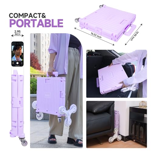 Rolling Crate with Stair Climbing Wheels, Foldable Utility Cart with Detachable Lid & Telescoping Handle, Portable Rolling Cart Tote Basket for Teacher Upstairs Grocery Shopping