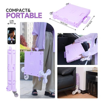 Rolling Crate with Stair Climbing Wheels, Foldable Utility Cart with Detachable Lid & Telescoping Handle, Portable Rolling Cart Tote Basket for Teacher Upstairs Grocery Shopping
