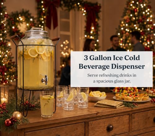 3 Gallon Glass Ice Cold Beverage Dispenser - With Glass Lid and Handle Drink Dispenser With Metal Stand, 100% Leak Proof Spigot- Wide Mouth Easy Filling For Outdoor, Parties & Daily Use - color: Clear Stand-3 Gallon