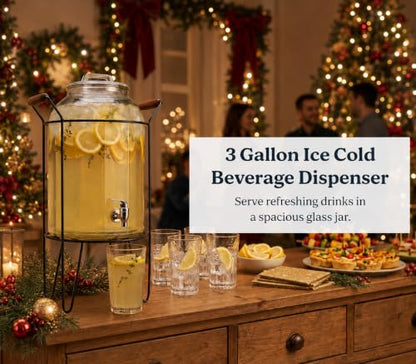 3 Gallon Glass Ice Cold Beverage Dispenser - With Glass Lid and Handle Drink Dispenser With Metal Stand, 100% Leak Proof Spigot- Wide Mouth Easy Filling For Outdoor, Parties & Daily Use - color: Clear Stand-3 Gallon