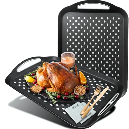 ECOIOU Larger Nonslip Food Serving Tray, 17.9'' x 12'' Grippy Handles Surface Bottom Design, Perfect Trays for Eating, Lap, TV, Couch, Black, Set of 2 - color: Black
