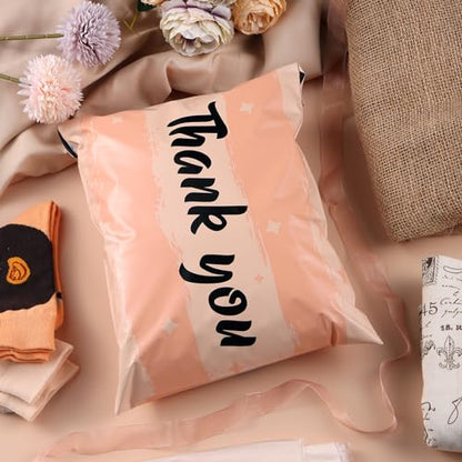 10x13 Inch Poly Mailers, Peach Pink Thank You, 100 Pack Self Sealing - color: Pink Thank You