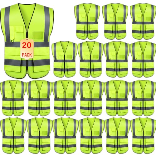 Safety Vests 20 Pack,Hi Vis Construction Vest with 5 Pockets and Zipper,Reflective Vest for Men Women Work One Size - color: Yellow