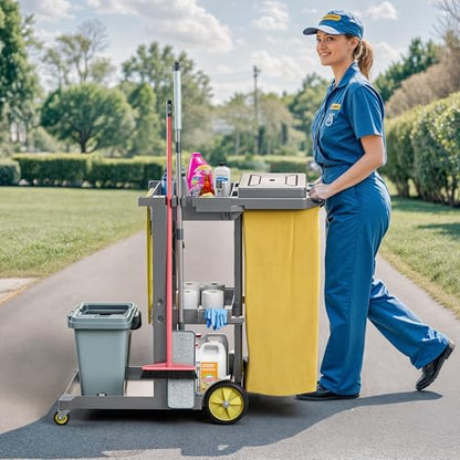 DWVO 3-Tier Janitorial Cart on Wheels, Grey Cleaning Housekeeping Cart - color: Gray