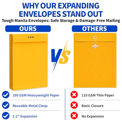 70 Pack 6x9 In Expanding Manila Envelopes with Reusable Clasp and Gummed Seal 180 GSM Heavyweight 1.2'' Expansion Small Yellow Envelope Folders for Home Office Business Mailing Storage Organizing - size: 70pcs-6x9in