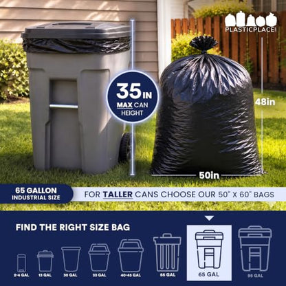 Plasticplace 65 Gallon Trash Bags │ 2.7 Mil │ Black Heavy Duty Garbage Can Liners │ 50” x 48” (25 Count) (W65LDB225A) - size: 25 Count (Pack of 1)
