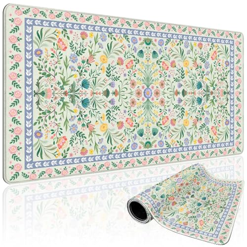 Green Floral Desk Mat Large Mouse Pad 31.5"x15.7" Non-Slip - color: Green Floral