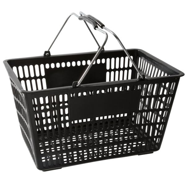 Black Plastic Shopping Basket with Steel Handles, 18 11/16 x 12 3/8 Inch, 32L Capacity, 55 lb Weight Limit, Stackable Design for Grocery Market