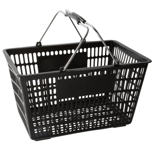 Black Plastic Shopping Basket with Steel Handles, 18 11/16 x 12 3/8 Inch, 32L Capacity, 55 lb Weight Limit, Stackable Design for Grocery Market