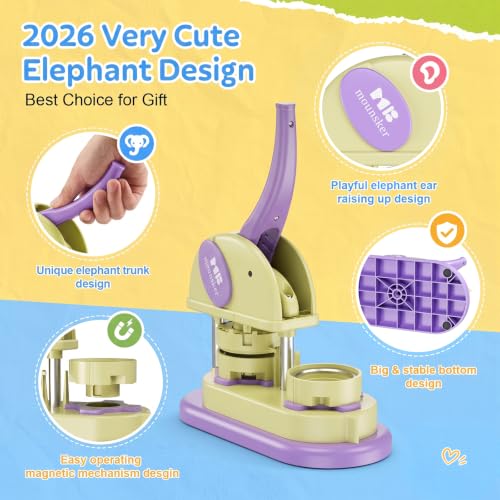 Elephant Button Maker Machine 3 Sizes, DIY Pin Maker Machine 1+1.25+2.25 inch, Interchangeable Button-Models Badge Button Press Machine with 300 Sets 25+32+58mm Button Maker Supplies 2026 New - color: Purple 1+1.25+2.25 inch
