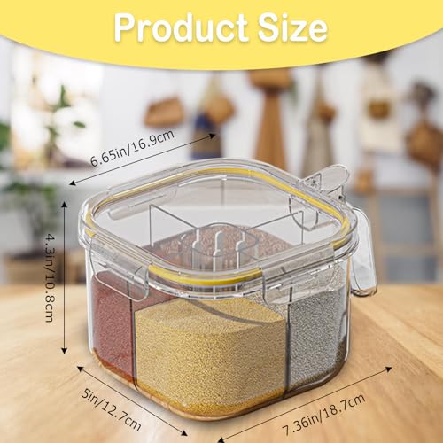 4-Compartment Clear Seasoning Box with Lids and Spoons, Airtight Condiment Organizer, Kitchen Spice Container Set for Salt, Sugar, Pepper (Transparent) - color: Transparent