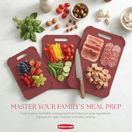 Rubbermaid 3pc Reversible Wheat Fiber Cutting Board Set | BPA Free Non Toxic Cutting Boards for Kitchen – Dishwasher Safe, Non-Slip Corners & Lightweight | For Meat, Veggies & Fruits - color: Wine