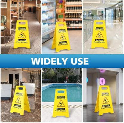 24 Inches Caution Wet Floor Sign Bright Yellow Double Sided Bilingual Folding A-Shaped Frame Design Caution Message Safety Warning Wet Floor Sign Collapsible Commercial Warning Sign Prevent Slip