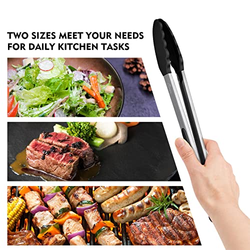 HOTEC Stainless Steel Kitchen Tongs with Silicone Tips, Set of 2-9" and 12" - color: Black:12+9inch