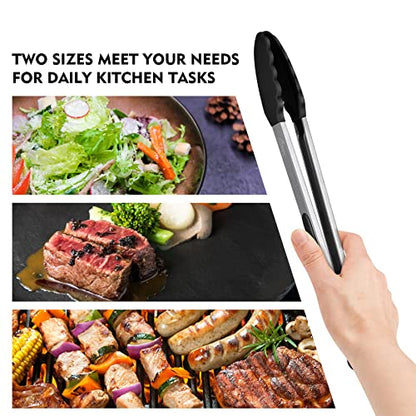 HOTEC Stainless Steel Kitchen Tongs with Silicone Tips, Set of 2-9" and 12" - color: Black:12+9inch