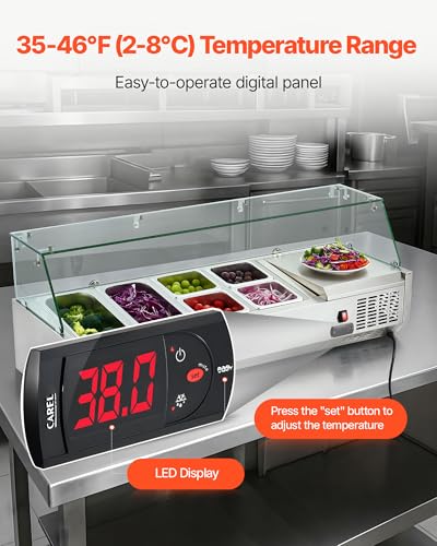 VEVOR Refrigerated Condiment Prep Station, 130W Countertop, Two 1/3 and Four 1/6 Pans, 304 Stainless Body, PC Lid, Sandwich Prep Table with Glass Guard, 3.79 Cu. Ft.