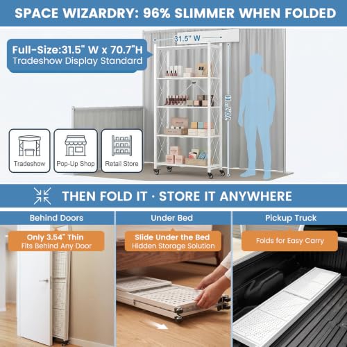 ALANNG 70.7" H Metal Storage Shelves, 5 Tier Folding Shelf on Wheels - color: White