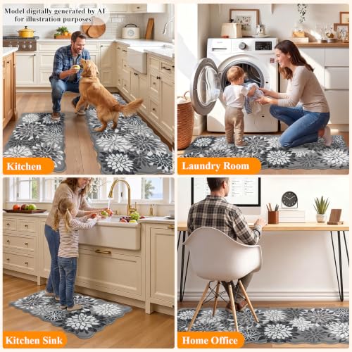 HEBE Anti Fatigue Kitchen Rugs Set of 3, Cushioned Kitchen Mats for Floor - color: Black/Floral