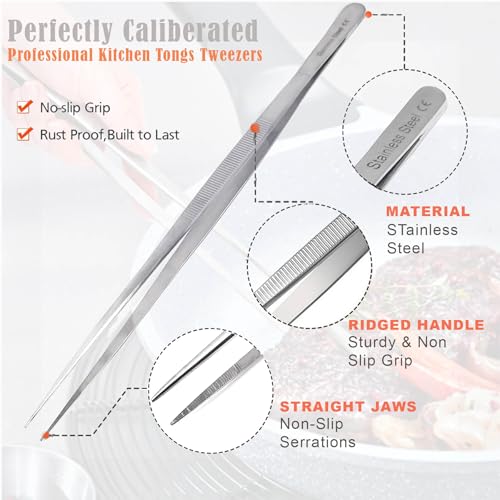 Professional Culinary Stainless Steel Precision Tongs with Serrated Tips, Plating/Food Presentation Detailing Serving Tongs, Chef's Kitchen Tweezer Tongs - Ultra Non-Slip Grip (12" STR Slim) - size: 12" Straight Slim