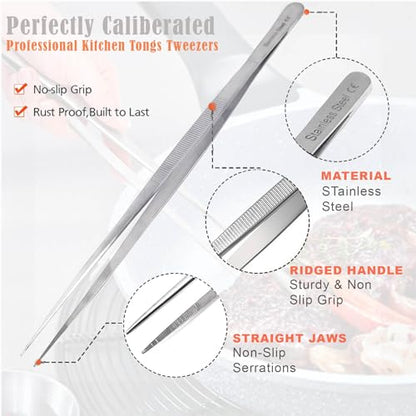 Professional Culinary Stainless Steel Precision Tongs with Serrated Tips, Plating/Food Presentation Detailing Serving Tongs, Chef's Kitchen Tweezer Tongs - Ultra Non-Slip Grip (12" STR Slim) - size: 12" Straight Slim