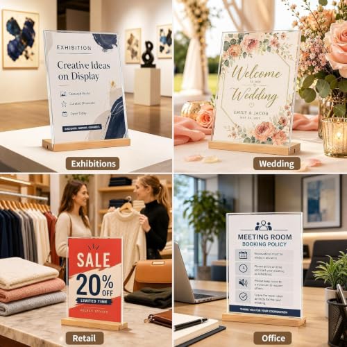 8.5x11 Acrylic Sign Holder with Wooden Base 4 Pack Adjustable Vertical/Tilt - color: Natural, size: 8.5"x11"