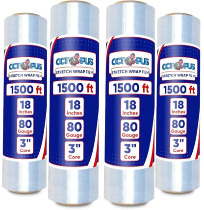 OCTOPUS Stretch Wrap, Industrial Strength 4 Roll Clear, 18” x 1500 feet, 80 Gauge (20 Micron), Heavy Duty Plastic Shrink Film for Packing, Wrapping, Bundling, Shipping, Pallets, and Moving Essentials