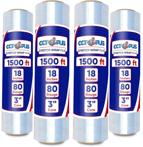 OCTOPUS Stretch Wrap, Industrial Strength 4 Roll Clear, 18” x 1500 feet, 80 Gauge (20 Micron), Heavy Duty Plastic Shrink Film for Packing, Wrapping, Bundling, Shipping, Pallets, and Moving Essentials