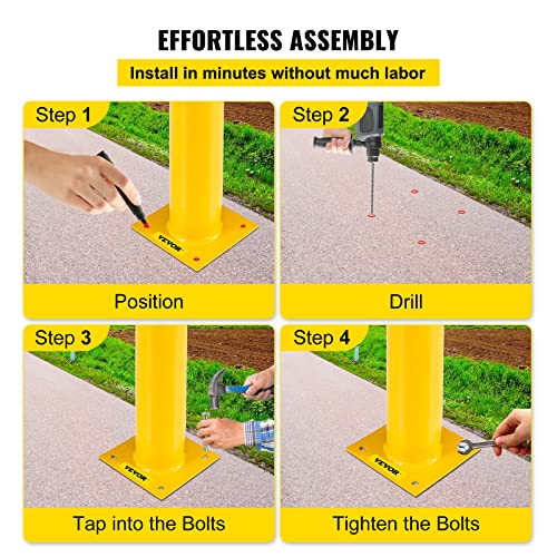 Happybuy Safety Bollard, 48" Steel Bollard Post, 5.5" Diameter, Yellow Powder-Coated Steel, Includes 8 Anchor Bolts, Ideal for Traffic-Sensitive Areas