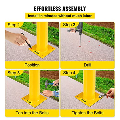 Happybuy Safety Bollard, 48" Steel Bollard Post, 5.5" Diameter, Yellow Powder-Coated Steel, Includes 8 Anchor Bolts, Ideal for Traffic-Sensitive Areas