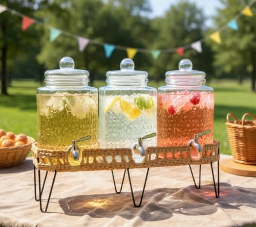 1.5 Gallon Glass Drink Dispenser for Parties 3 PACK Beverage Dispensers with Stand, Glass Water Jug Dispenser, with 18/8 Stainless Steel Spigot, Great for Party, Wedding, Picnic, BBQ Wicker Design - color: Clear - 1.5 Gallon 3 Pack