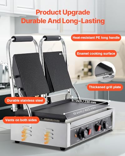 VEVOR Commercial Panini Grill, 3600W Electric Sandwich Panini Maker, Stainless Steel Double Sandwichs Press Grill with Handle and Temp Control, 19x9 in Flat Enamel Plate for Hamburger Steak Bacon