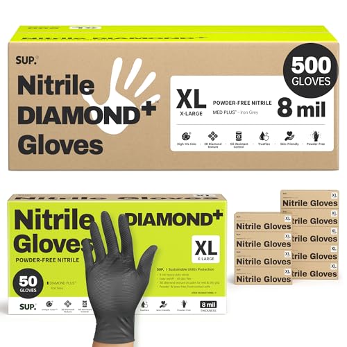 SUPER+ Disposable Nitrile Gloves, 8 Mil Diamond Powder-Free Latex-Free Food Safe Chemical Resistant Heavy Duty, Black 500 Ct - color: X-large (Black)