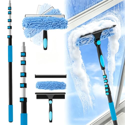 30FT Reach Window Squeegee Kit with Extension Pole, 2-in-1 Professional Washer for High Windows, 5-24FT Adjustable Reach, Rotatable Head for Indoor & Outdoor Use, Streak-Free Cleaning Tool for Home - color: Blue, size: 24FT