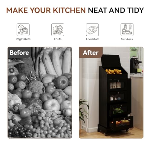 ARTETHYS Potato Storage Bin 5-Tier Rolling Black Bread Box with Side Rack - color: Black