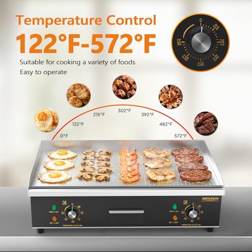 ROVSUN 26" Electric Griddle, Electric Countertop Half Flat Top Griddle, 3200W Grill Stainless Steel with Adjustable Temperature Control 122°F-572°F for Commercial Home Restaurant, Plug - size: 26"