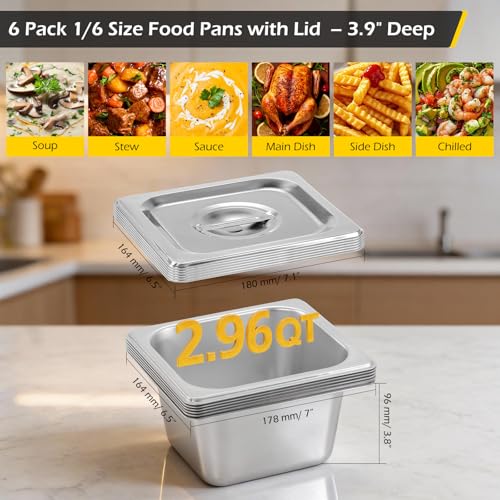 Dyna-Living Hotel Pans with Lid 1/6 Size Pans 4 Inch Deep 6 Pack Food Pans - color: With Lids, size: 4 Inch Deep