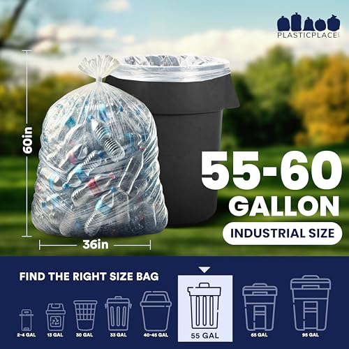 Plasticplace W55HDC1 55-60 gallon Trash Bags │ 12 Microns │ Clear High Density Garbage Can Liners │ 36” x 60” (200Count) - color: Clear, size: 200 Count (Pack of 1)