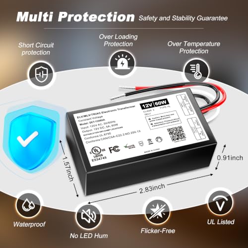 60W Dimmable LED Driver 12V, Triac/ELV/MLV AC to DC Compatible with Lutron - size: 60W12V