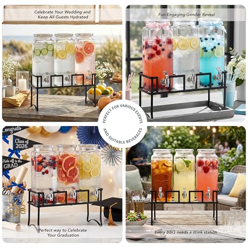 Circleware Triple XL Tall Yorkshire Beverage Drink Dispensers with Black Lids and Black Metal Stand, 2.3 L, Clear