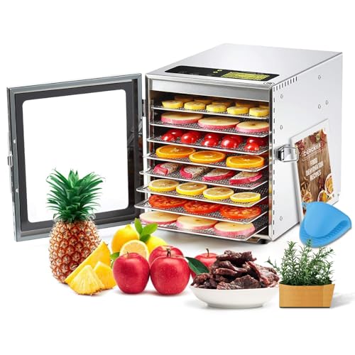 Cercker Food-Dehydrator Machine 8 Stainless Steel Trays, 500W Jerky Dehydrator for Meat, 190ºF Mushroom Dryer, 24H Timer Fruits Dryer for Herbs, Veggies, Yogurt & Dog Treats - size: 8 trays